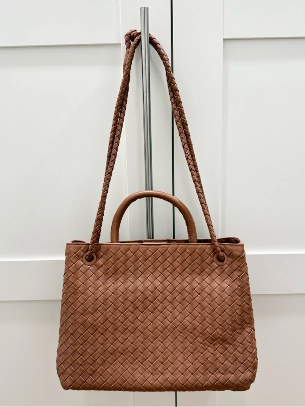 Large Quince Italian Leather Handwoven Satchel Cognac Woven Crossbody Tote Purse - Picture 2 of 6